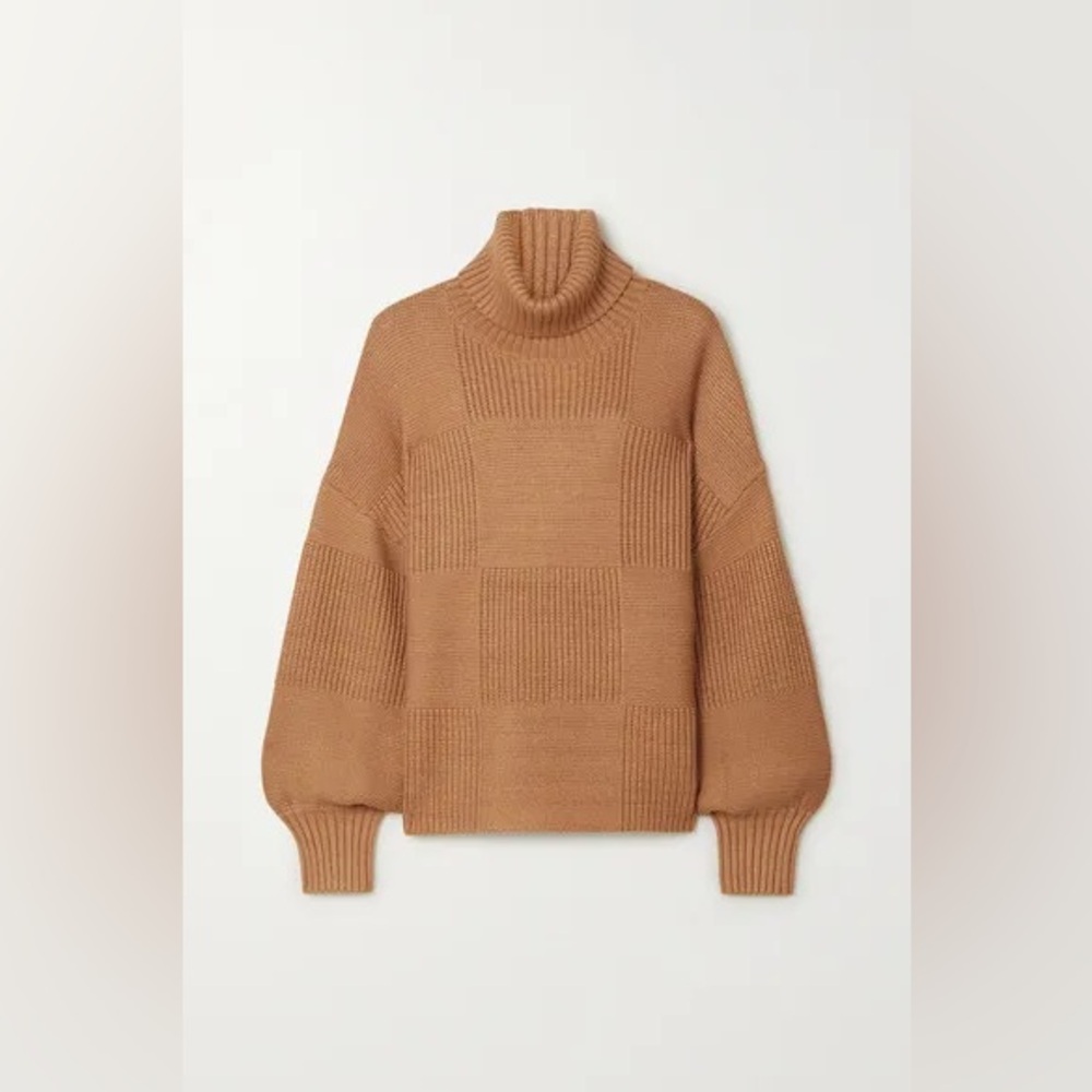 STAUD Camel Brown Chunky Knit Turtleneck Sweater